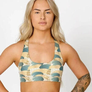 Feed Me Fight Me Women's Cross Back Golden‎ Sage Keyhole Sport Bra Size Large